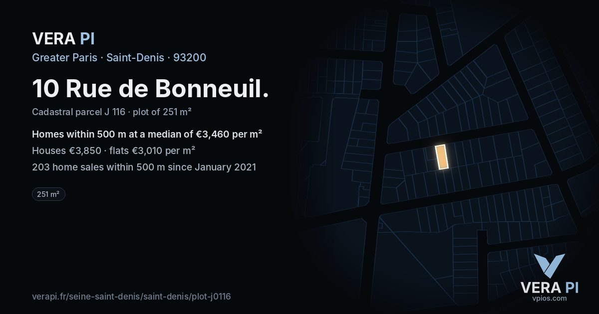 10 Rue de Bonneuil, Saint-Denis at night – the plot lit, the parcels around coloured by the prices near them