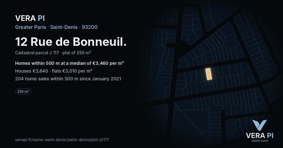 12 Rue de Bonneuil, Saint-Denis at night – the plot lit, the parcels around coloured by the prices near them