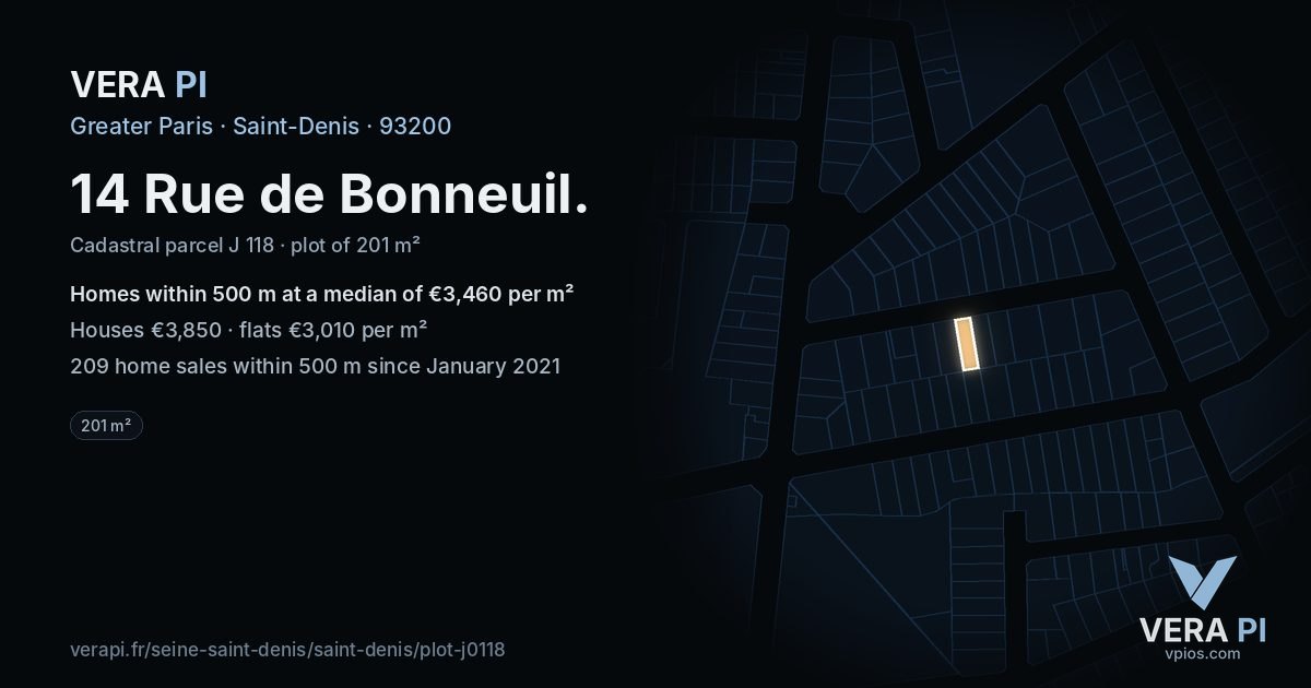 14 Rue de Bonneuil, Saint-Denis at night – the plot lit, the parcels around coloured by the prices near them