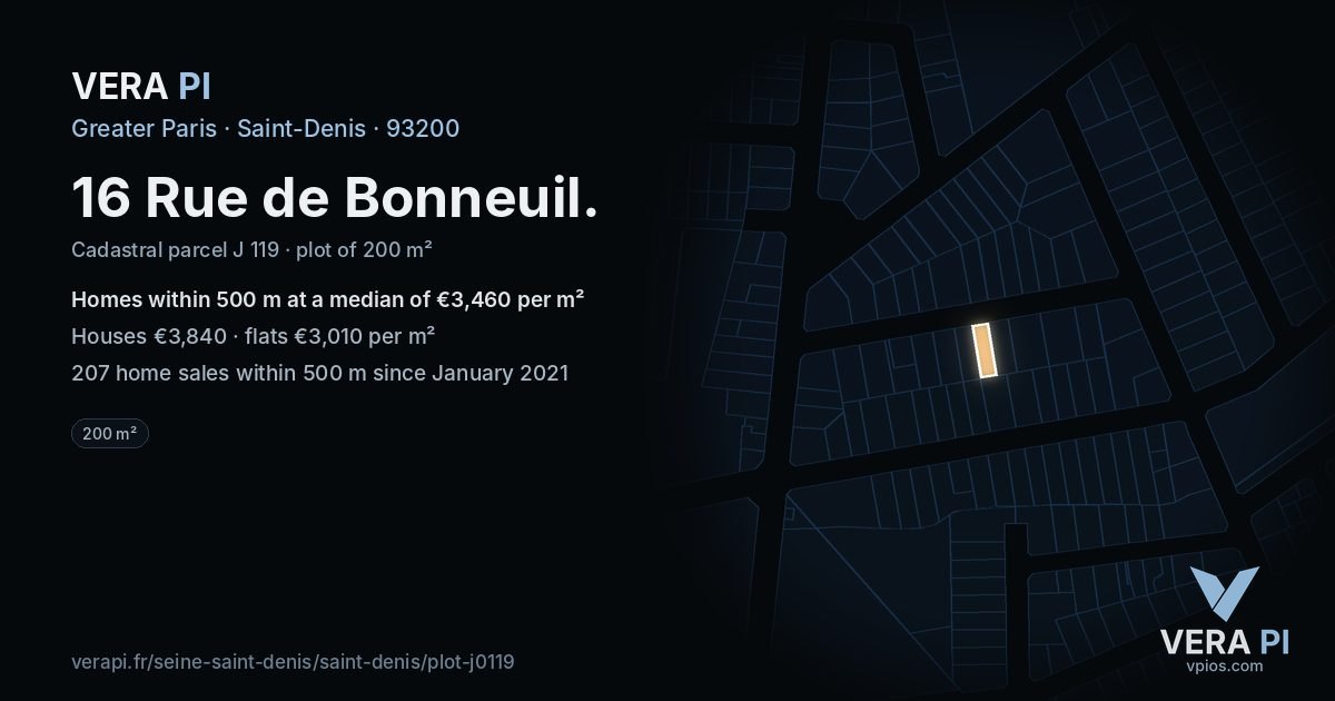 16 Rue de Bonneuil, Saint-Denis at night – the plot lit, the parcels around coloured by the prices near them
