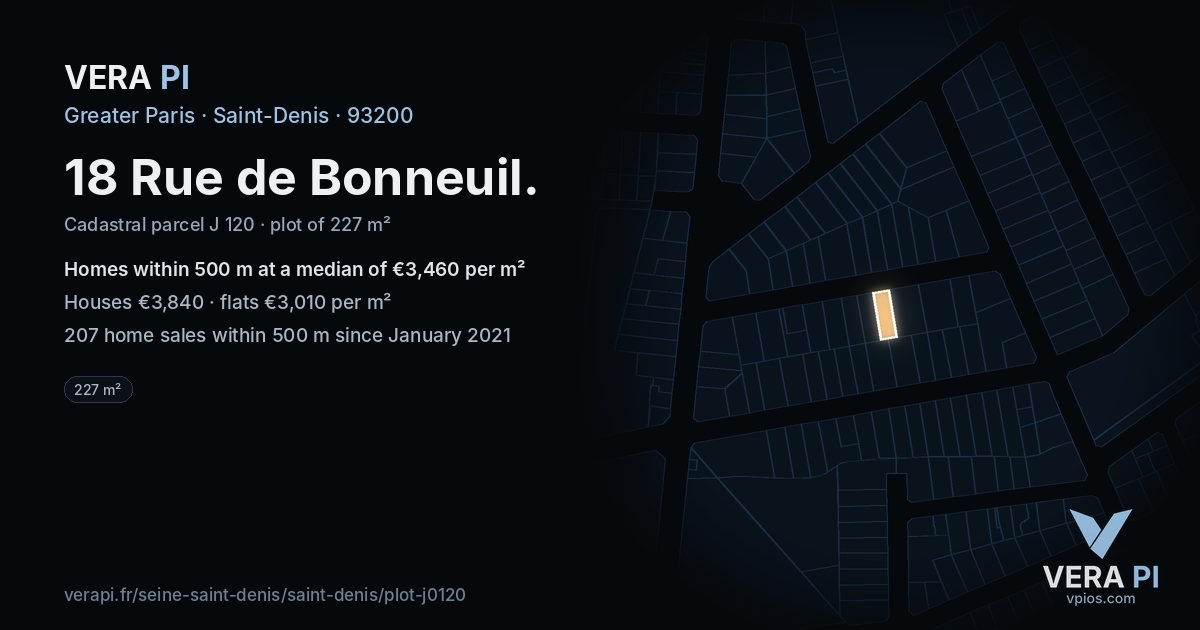 18 Rue de Bonneuil, Saint-Denis at night – the plot lit, the parcels around coloured by the prices near them
