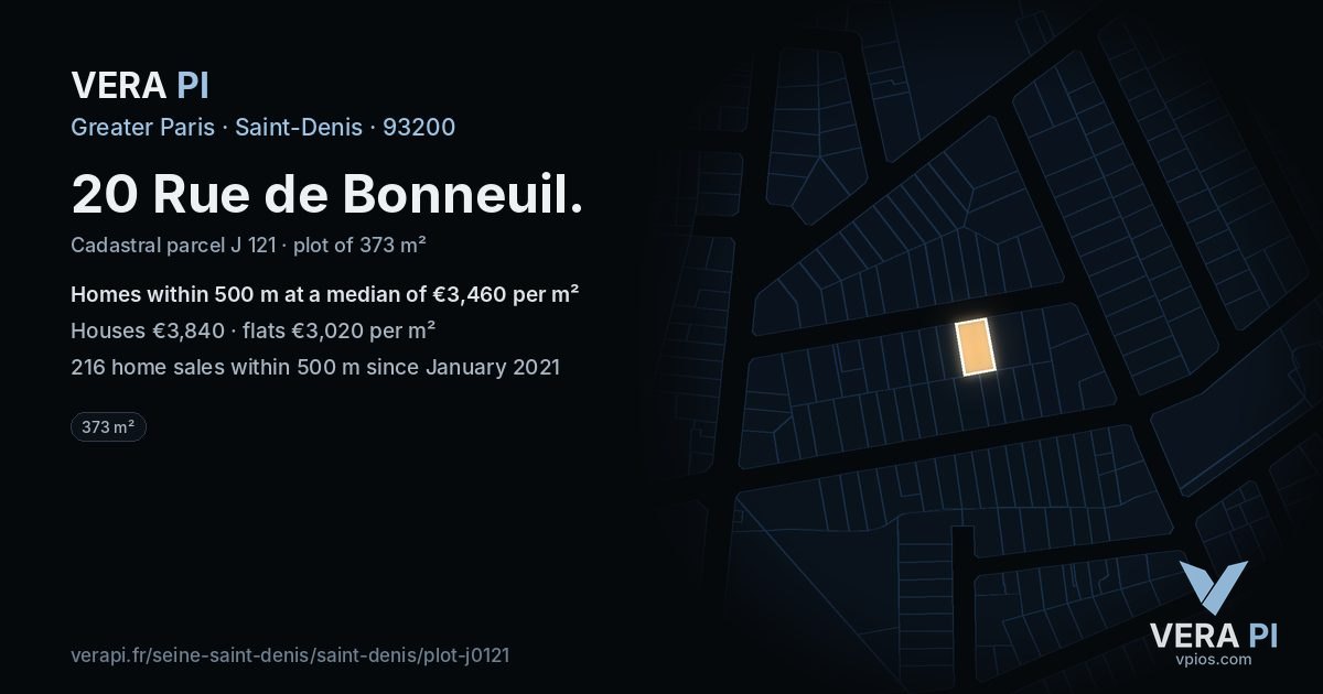 20 Rue de Bonneuil, Saint-Denis at night – the plot lit, the parcels around coloured by the prices near them