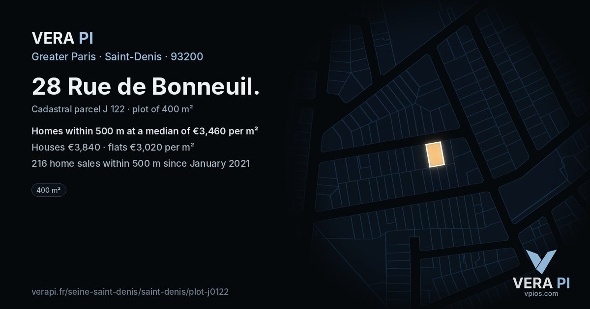 28 Rue de Bonneuil, Saint-Denis at night – the plot lit, the parcels around coloured by the prices near them
