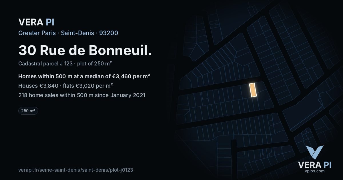 30 Rue de Bonneuil, Saint-Denis at night – the plot lit, the parcels around coloured by the prices near them