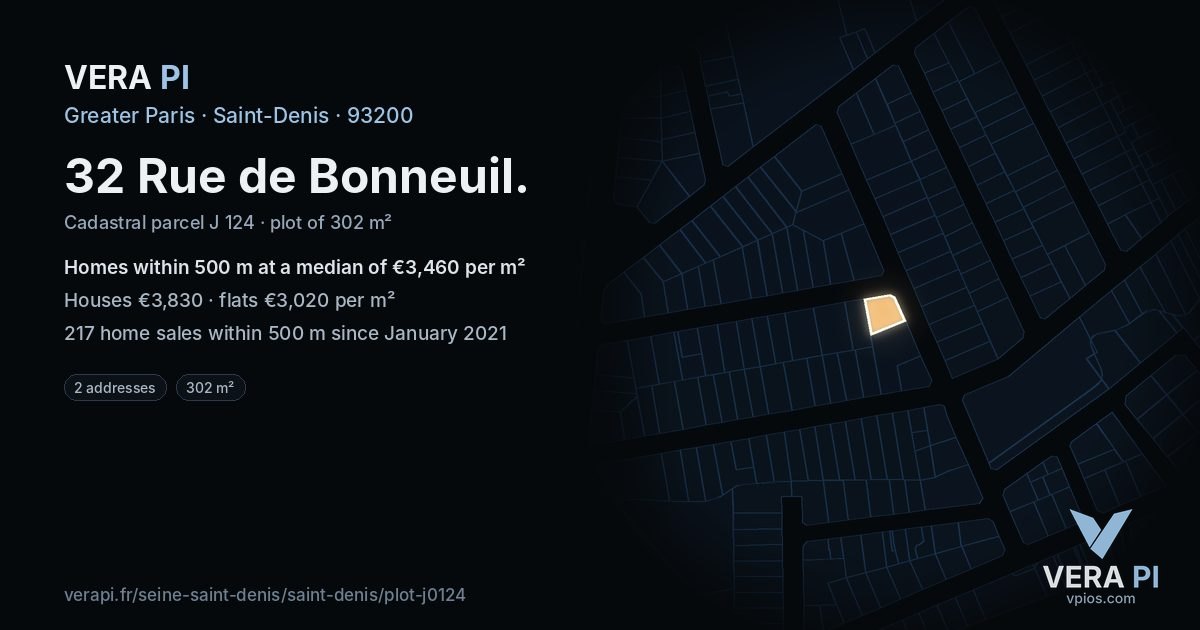 32 Rue de Bonneuil, Saint-Denis at night – the plot lit, the parcels around coloured by the prices near them