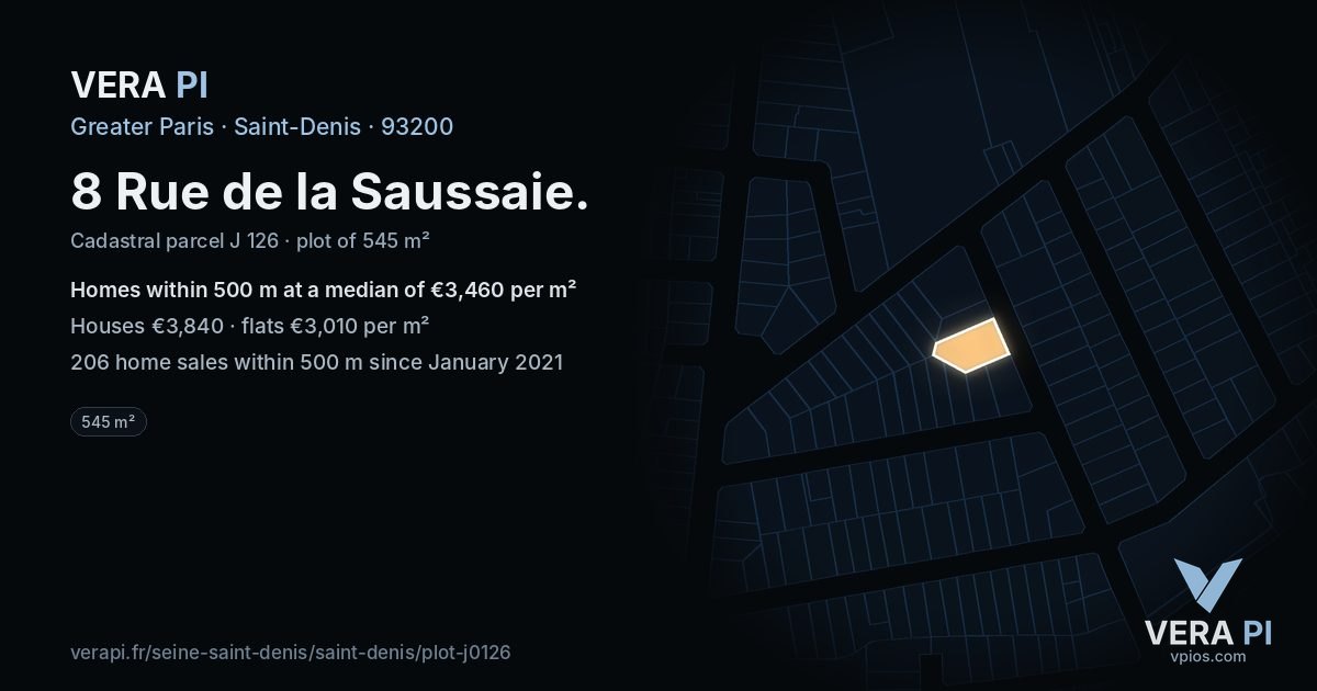 8 Rue de la Saussaie, Saint-Denis at night – the plot lit, the parcels around coloured by the prices near them