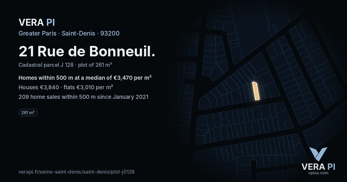 21 Rue de Bonneuil, Saint-Denis at night – the plot lit, the parcels around coloured by the prices near them