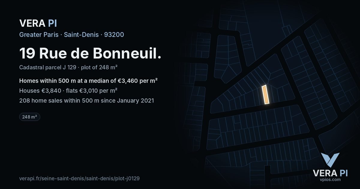 19 Rue de Bonneuil, Saint-Denis at night – the plot lit, the parcels around coloured by the prices near them
