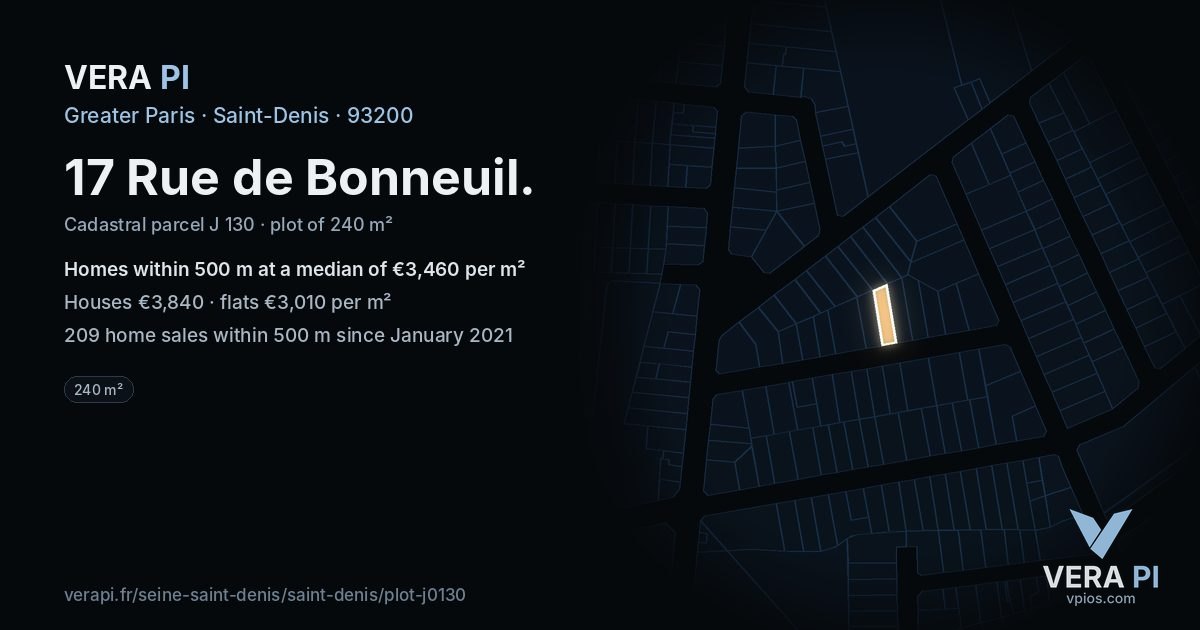 17 Rue de Bonneuil, Saint-Denis at night – the plot lit, the parcels around coloured by the prices near them