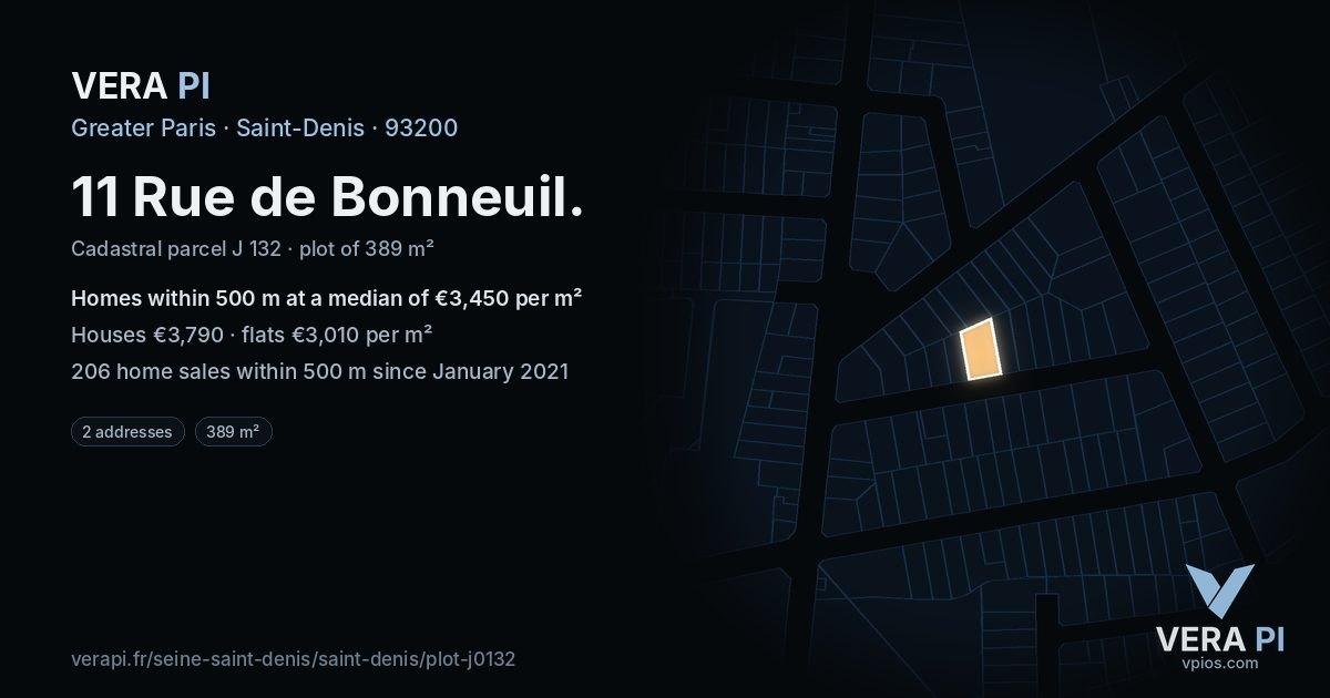 11 Rue de Bonneuil, Saint-Denis at night – the plot lit, the parcels around coloured by the prices near them