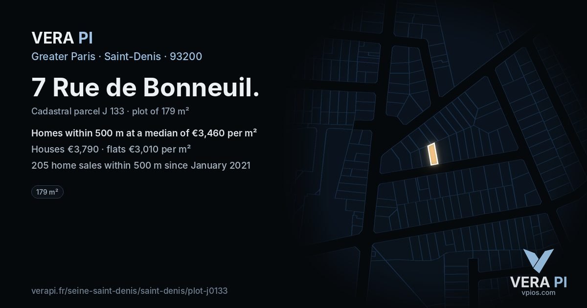 7 Rue de Bonneuil, Saint-Denis at night – the plot lit, the parcels around coloured by the prices near them