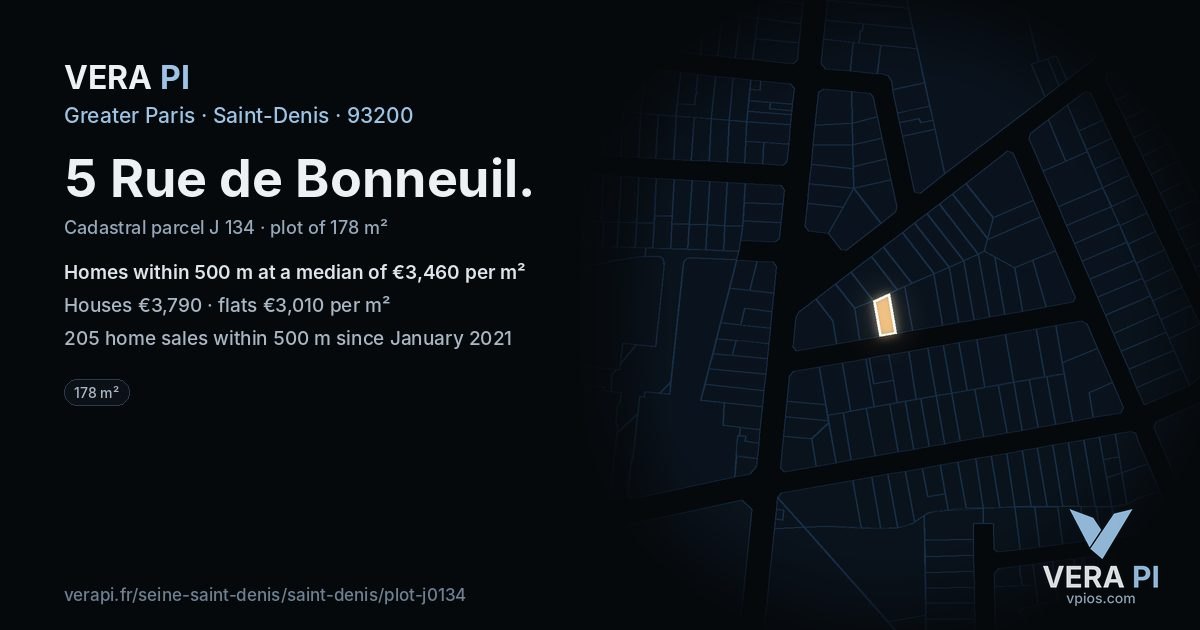 5 Rue de Bonneuil, Saint-Denis at night – the plot lit, the parcels around coloured by the prices near them