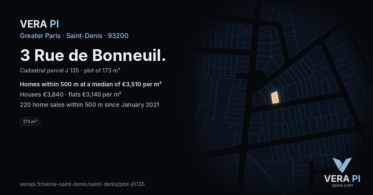 3 Rue de Bonneuil, Saint-Denis at night – the plot lit, the parcels around coloured by the prices near them