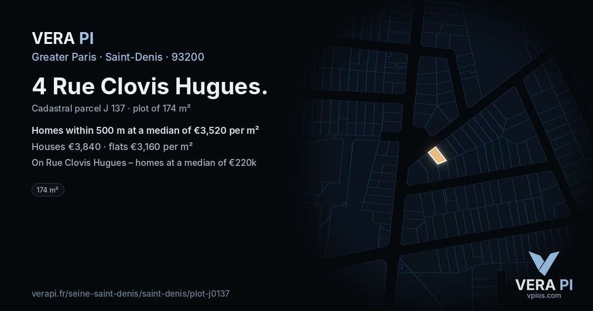 4 Rue Clovis Hugues, Saint-Denis at night – the plot lit, the parcels around coloured by the prices near them
