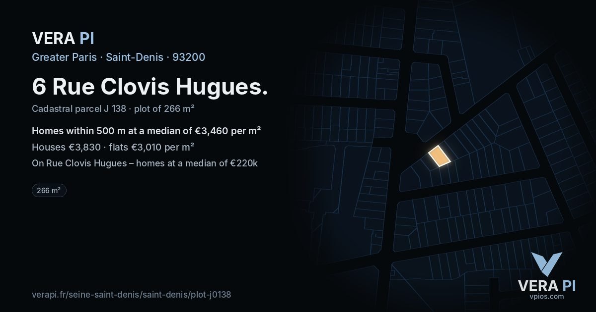 6 Rue Clovis Hugues, Saint-Denis at night – the plot lit, the parcels around coloured by the prices near them
