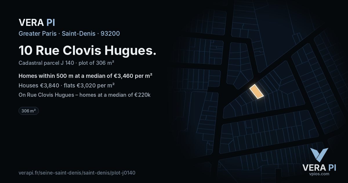 10 Rue Clovis Hugues, Saint-Denis at night – the plot lit, the parcels around coloured by the prices near them