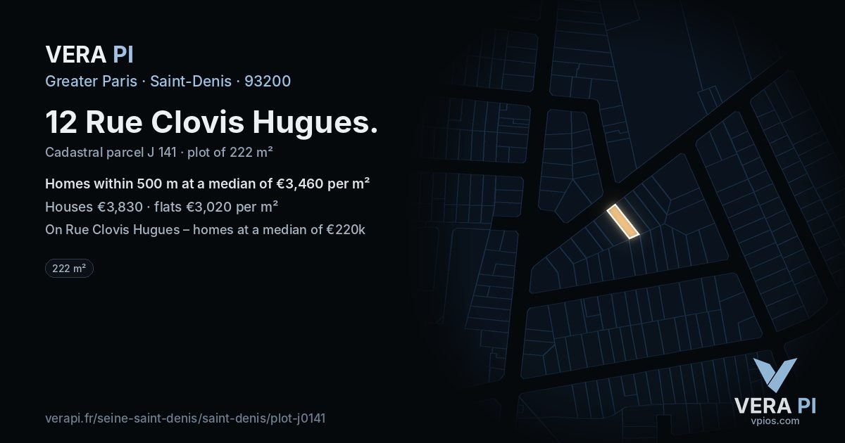 12 Rue Clovis Hugues, Saint-Denis at night – the plot lit, the parcels around coloured by the prices near them