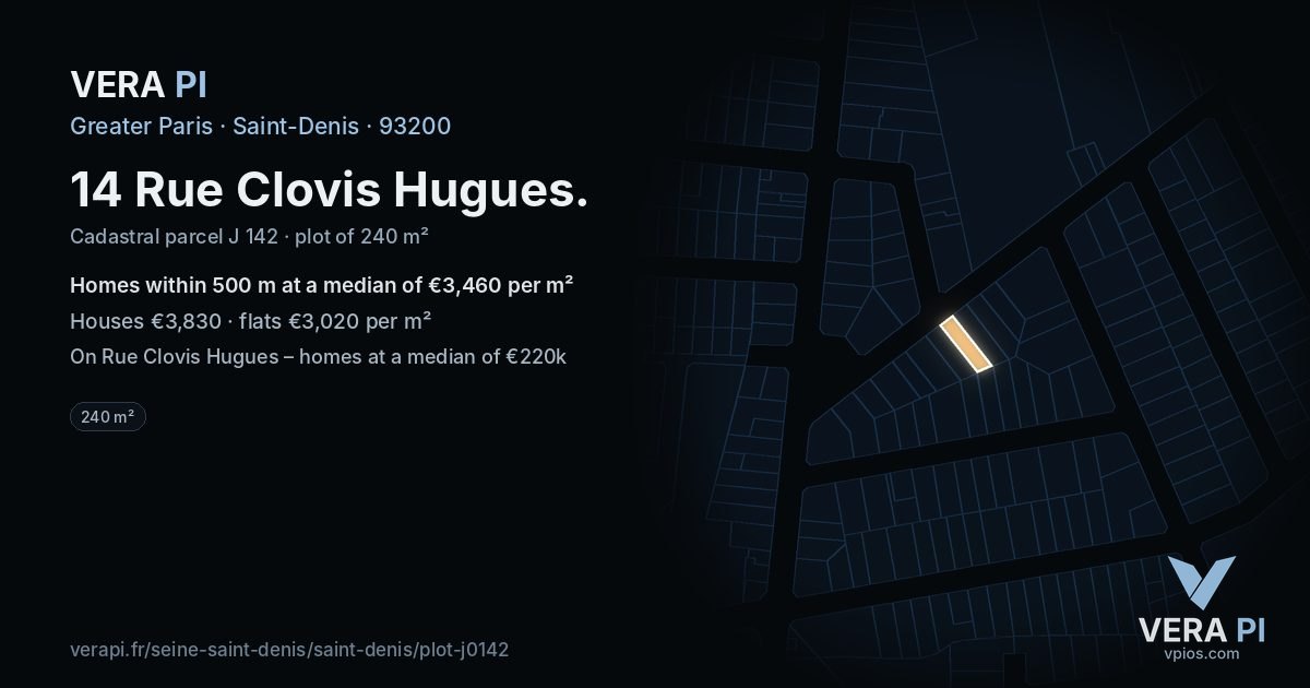 14 Rue Clovis Hugues, Saint-Denis at night – the plot lit, the parcels around coloured by the prices near them
