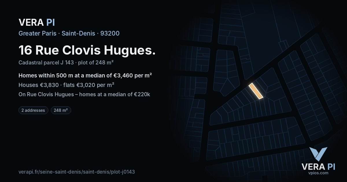 16 Rue Clovis Hugues, Saint-Denis at night – the plot lit, the parcels around coloured by the prices near them