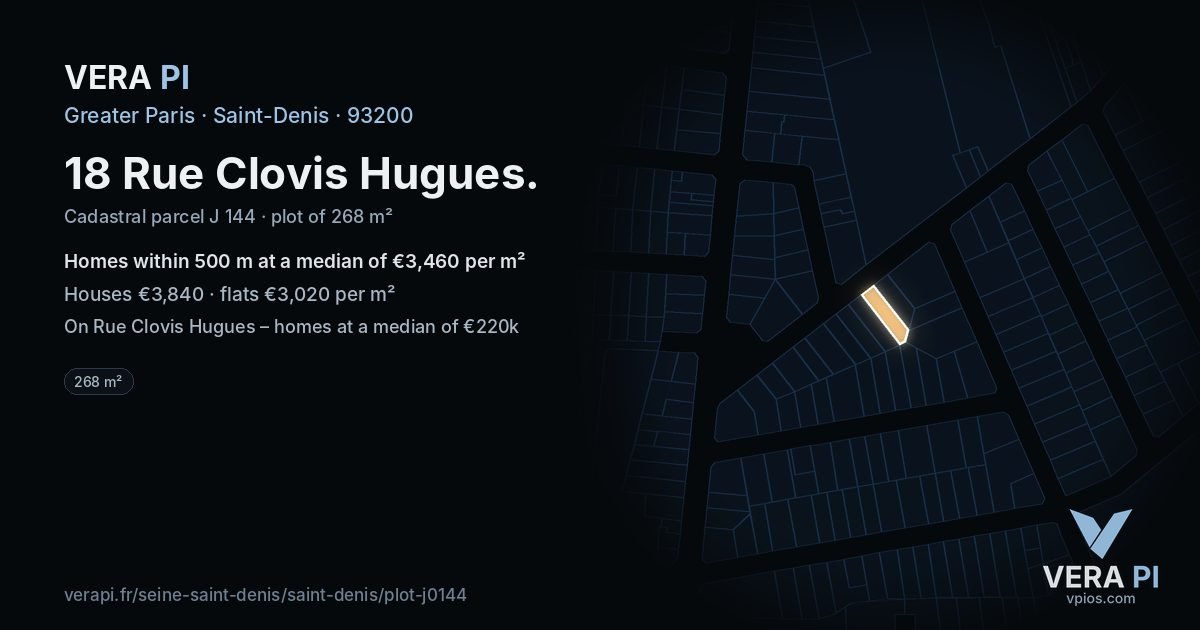 18 Rue Clovis Hugues, Saint-Denis at night – the plot lit, the parcels around coloured by the prices near them