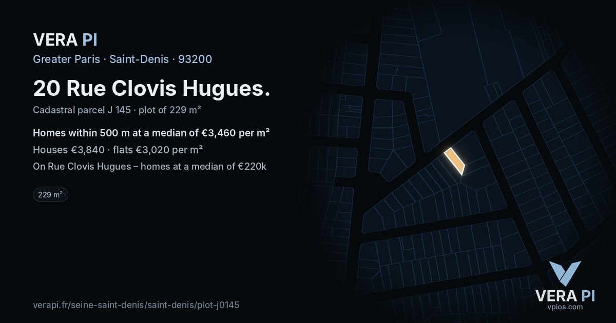 20 Rue Clovis Hugues, Saint-Denis at night – the plot lit, the parcels around coloured by the prices near them