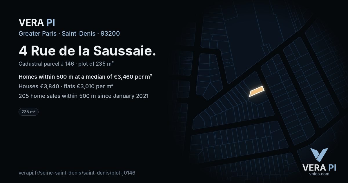 4 Rue de la Saussaie, Saint-Denis at night – the plot lit, the parcels around coloured by the prices near them