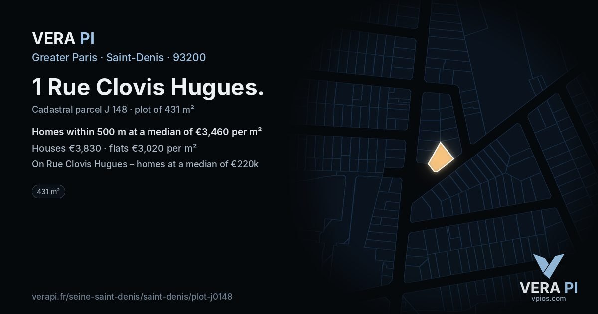 1 Rue Clovis Hugues, Saint-Denis at night – the plot lit, the parcels around coloured by the prices near them