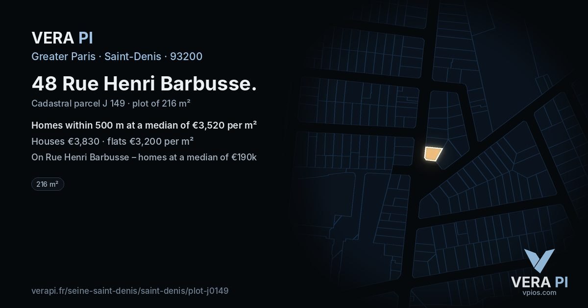 48 Rue Henri Barbusse, Saint-Denis at night – the plot lit, the parcels around coloured by the prices near them