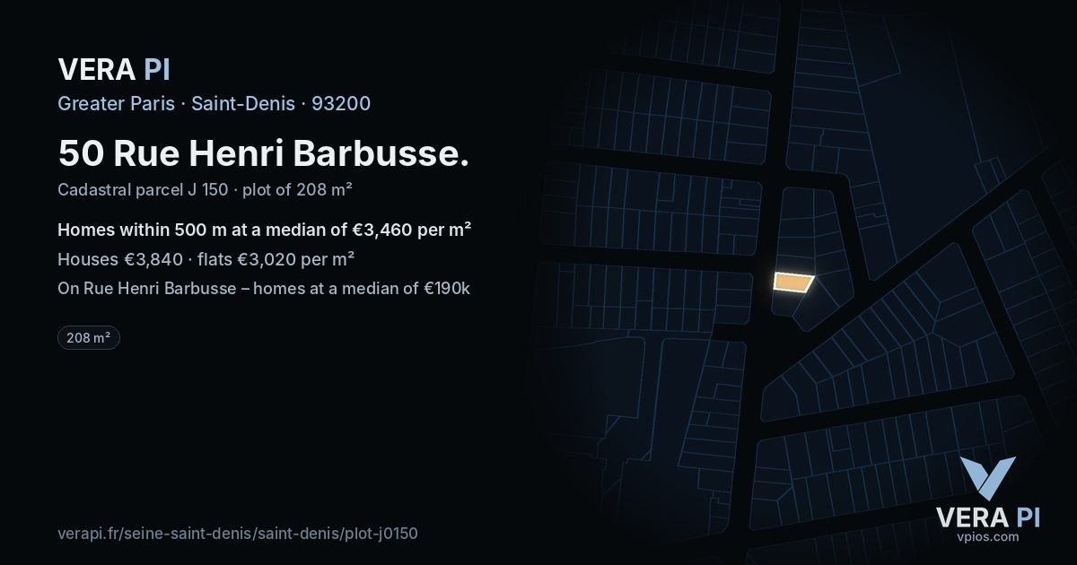 50 Rue Henri Barbusse, Saint-Denis at night – the plot lit, the parcels around coloured by the prices near them