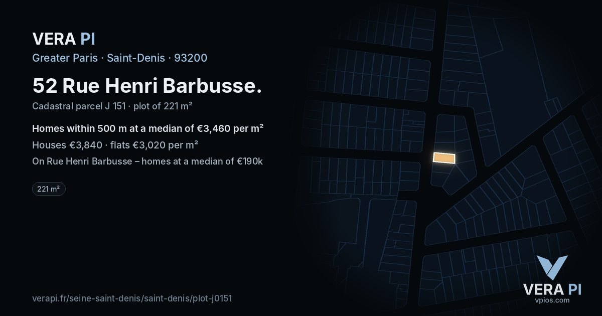 52 Rue Henri Barbusse, Saint-Denis at night – the plot lit, the parcels around coloured by the prices near them