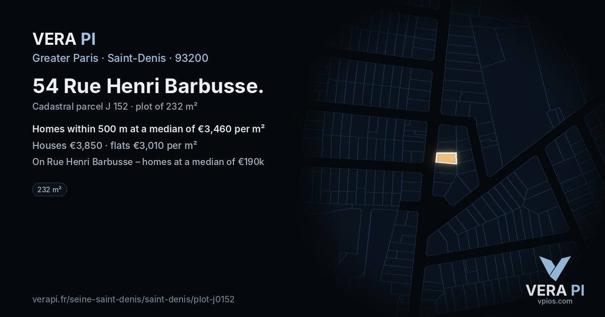 54 Rue Henri Barbusse, Saint-Denis at night – the plot lit, the parcels around coloured by the prices near them