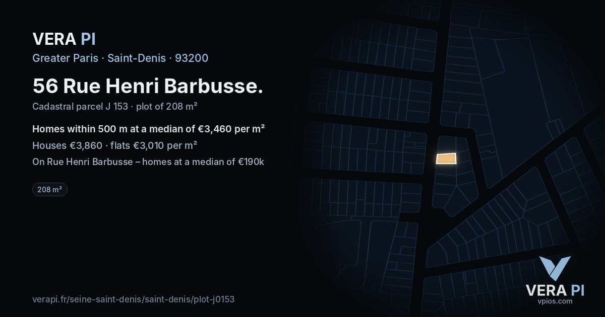 56 Rue Henri Barbusse, Saint-Denis at night – the plot lit, the parcels around coloured by the prices near them