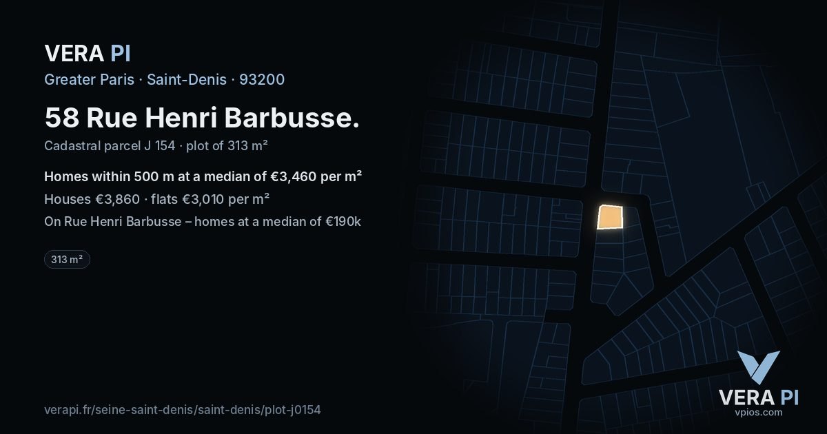 58 Rue Henri Barbusse, Saint-Denis at night – the plot lit, the parcels around coloured by the prices near them
