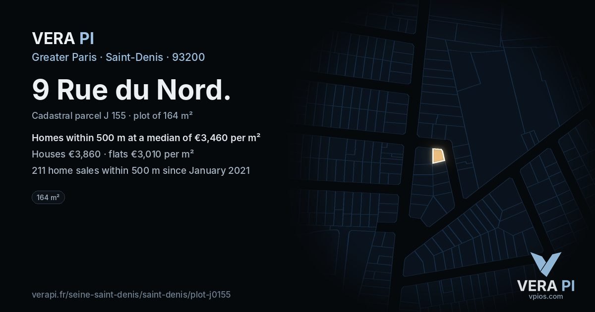 9 Rue du Nord, Saint-Denis at night – the plot lit, the parcels around coloured by the prices near them