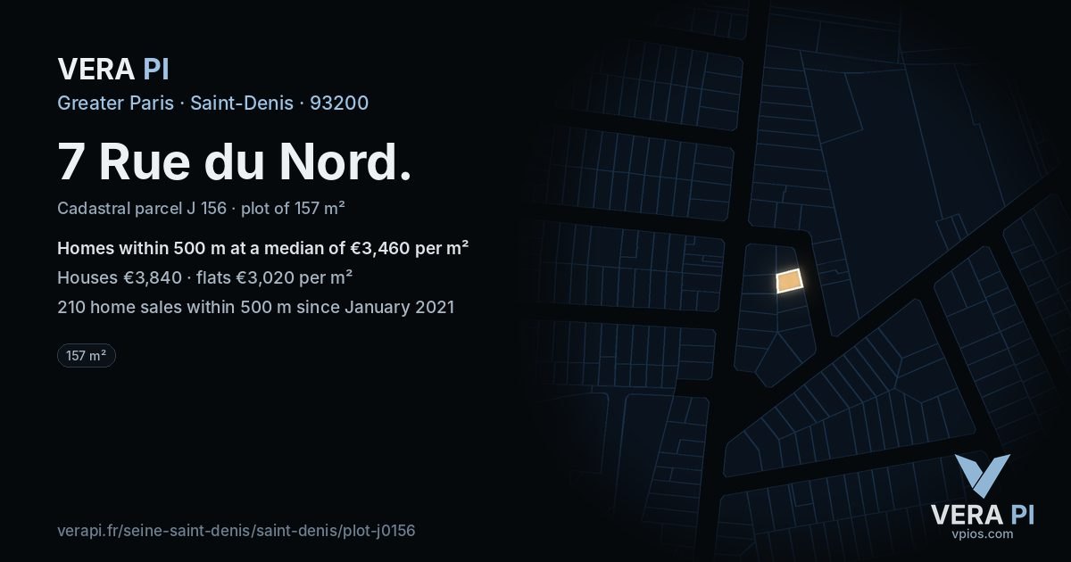 7 Rue du Nord, Saint-Denis at night – the plot lit, the parcels around coloured by the prices near them
