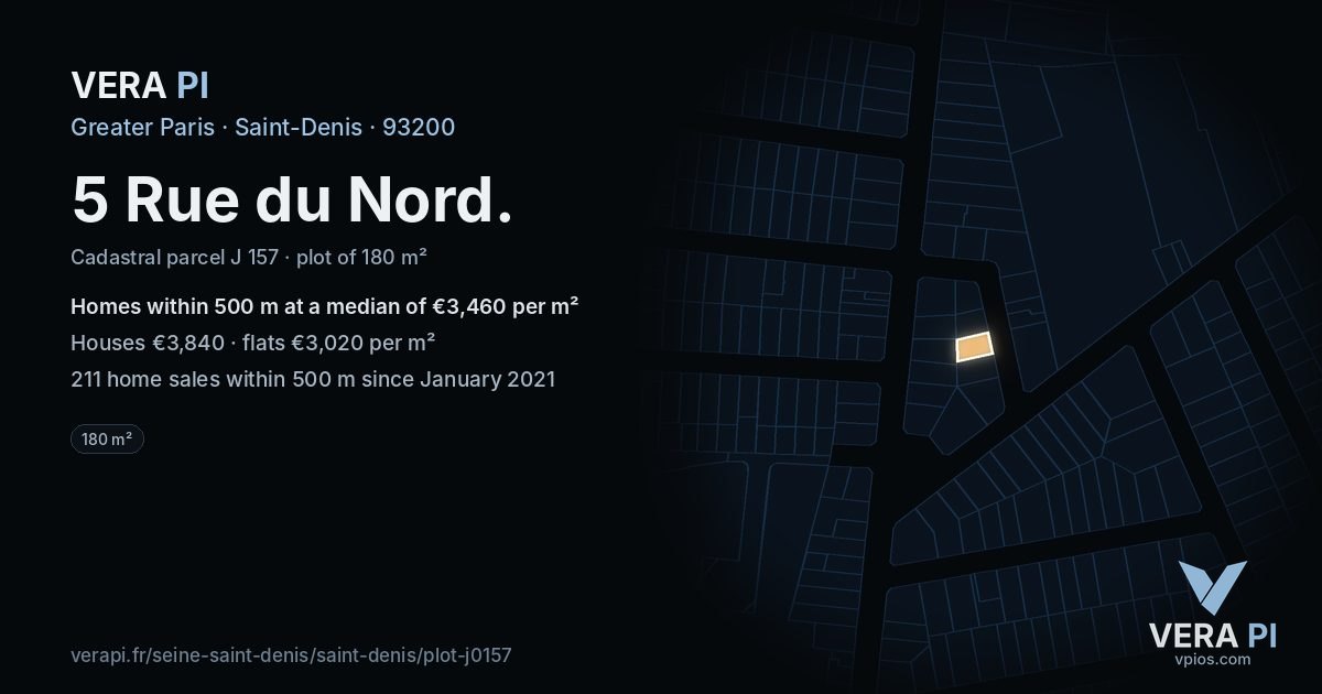 5 Rue du Nord, Saint-Denis at night – the plot lit, the parcels around coloured by the prices near them