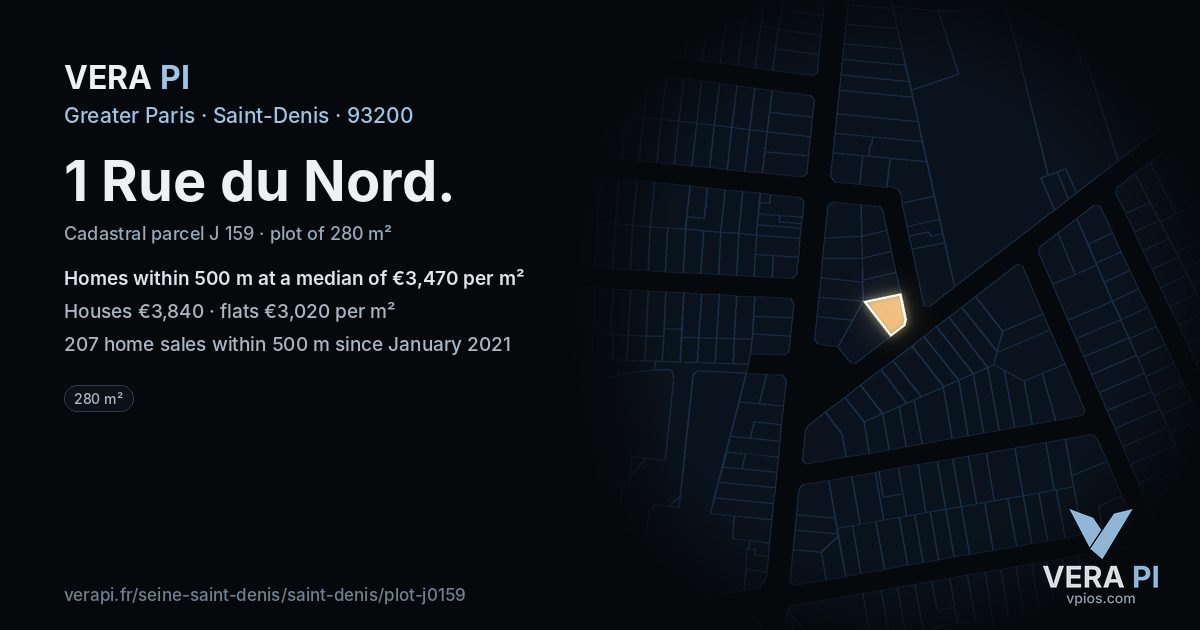 1 Rue du Nord, Saint-Denis at night – the plot lit, the parcels around coloured by the prices near them