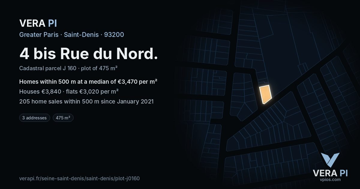 4 bis Rue du Nord, Saint-Denis at night – the plot lit, the parcels around coloured by the prices near them
