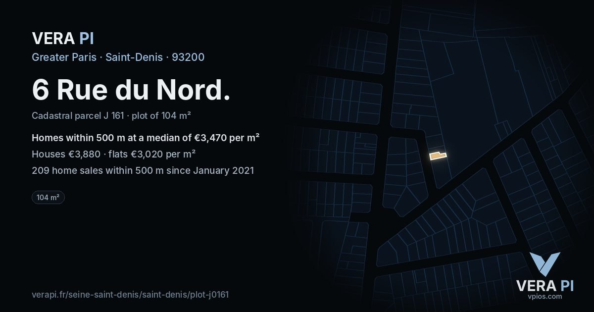 6 Rue du Nord, Saint-Denis at night – the plot lit, the parcels around coloured by the prices near them