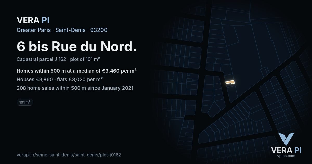 6 bis Rue du Nord, Saint-Denis at night – the plot lit, the parcels around coloured by the prices near them