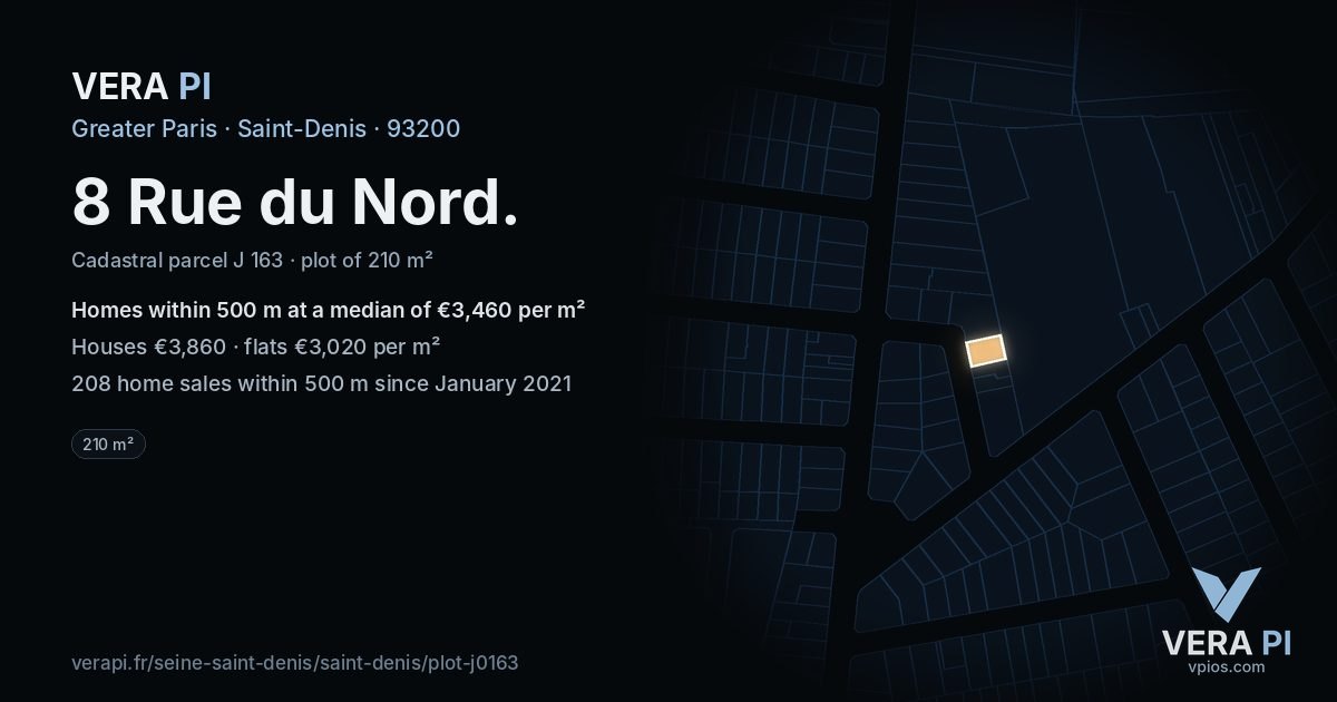 8 Rue du Nord, Saint-Denis at night – the plot lit, the parcels around coloured by the prices near them