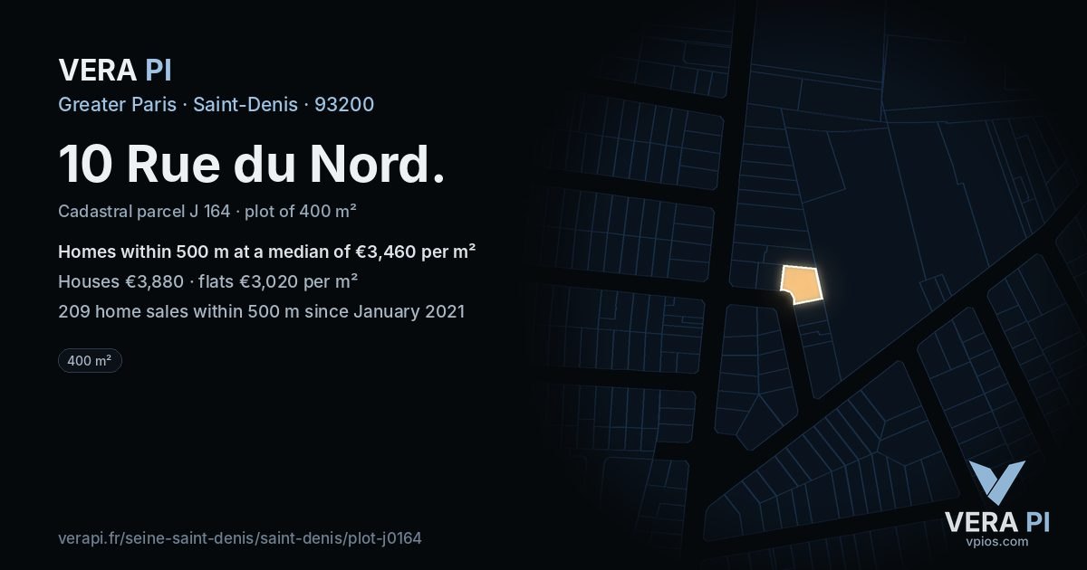 10 Rue du Nord, Saint-Denis at night – the plot lit, the parcels around coloured by the prices near them