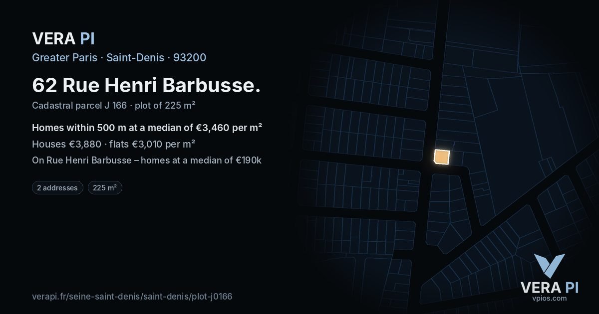 62 Rue Henri Barbusse, Saint-Denis at night – the plot lit, the parcels around coloured by the prices near them