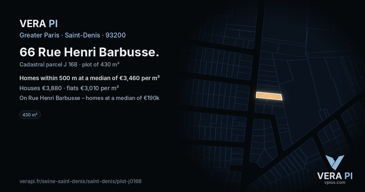 66 Rue Henri Barbusse, Saint-Denis at night – the plot lit, the parcels around coloured by the prices near them