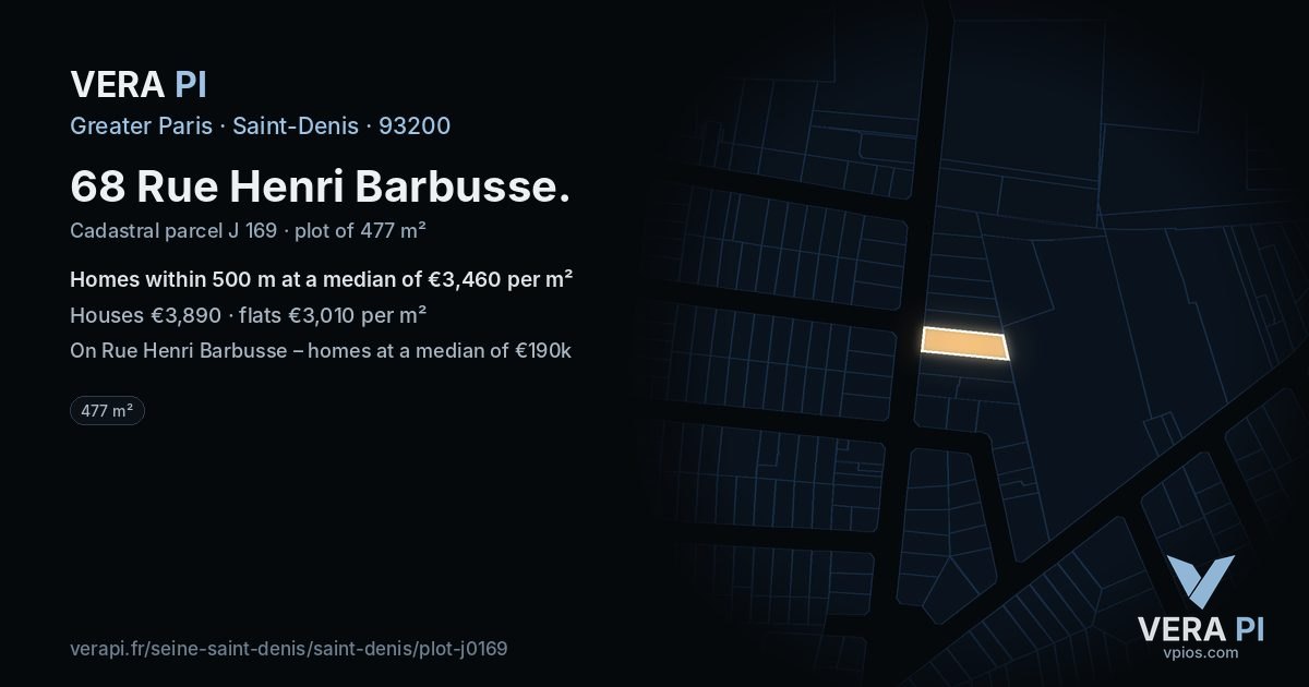 68 Rue Henri Barbusse, Saint-Denis at night – the plot lit, the parcels around coloured by the prices near them