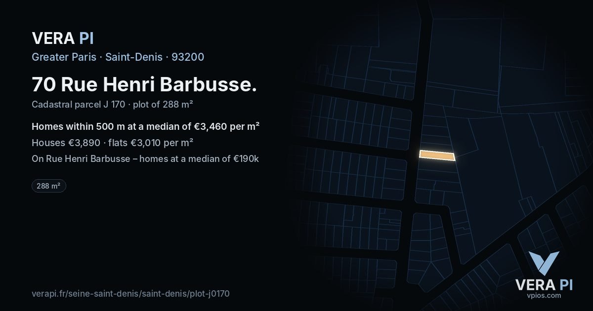 70 Rue Henri Barbusse, Saint-Denis at night – the plot lit, the parcels around coloured by the prices near them