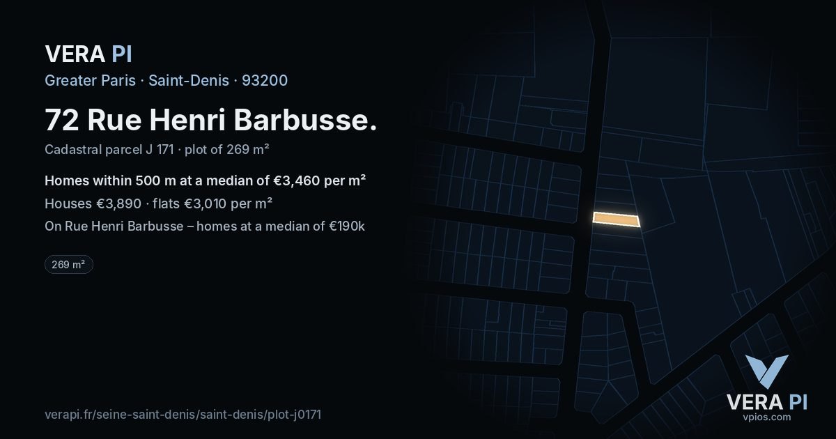 72 Rue Henri Barbusse, Saint-Denis at night – the plot lit, the parcels around coloured by the prices near them