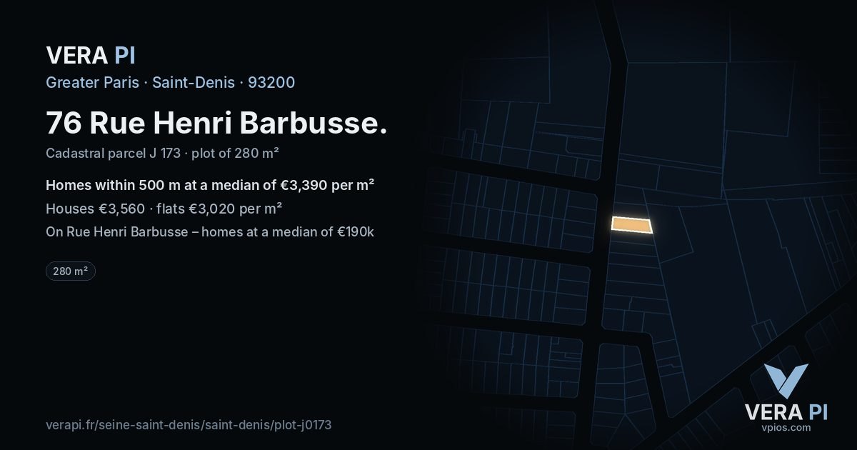 76 Rue Henri Barbusse, Saint-Denis at night – the plot lit, the parcels around coloured by the prices near them