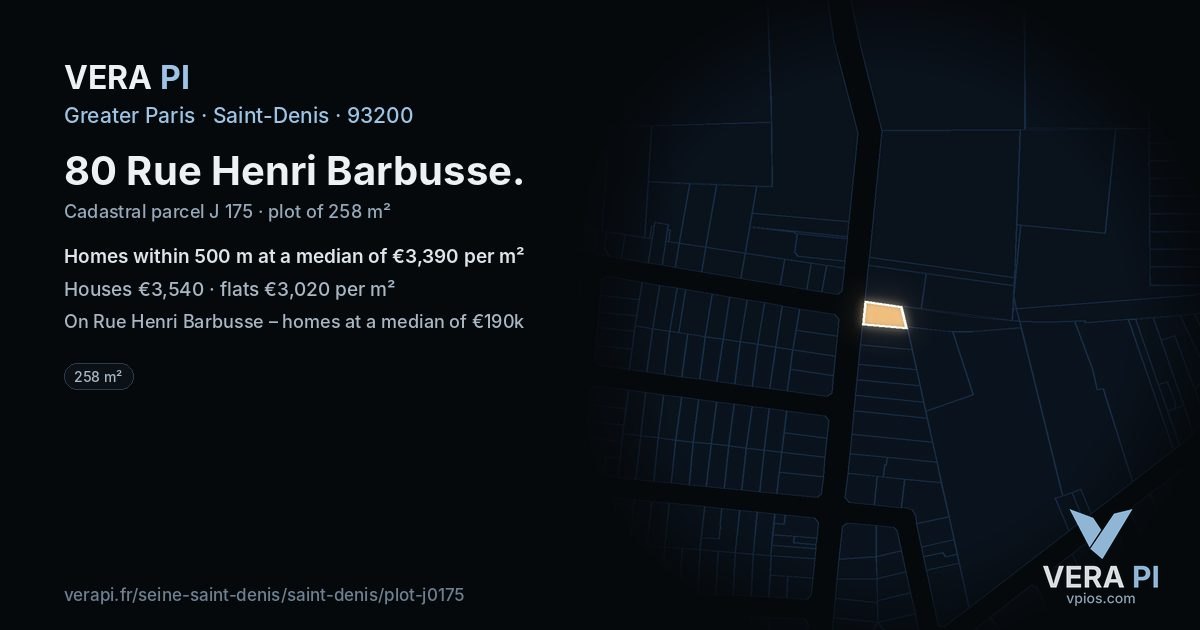 80 Rue Henri Barbusse, Saint-Denis at night – the plot lit, the parcels around coloured by the prices near them