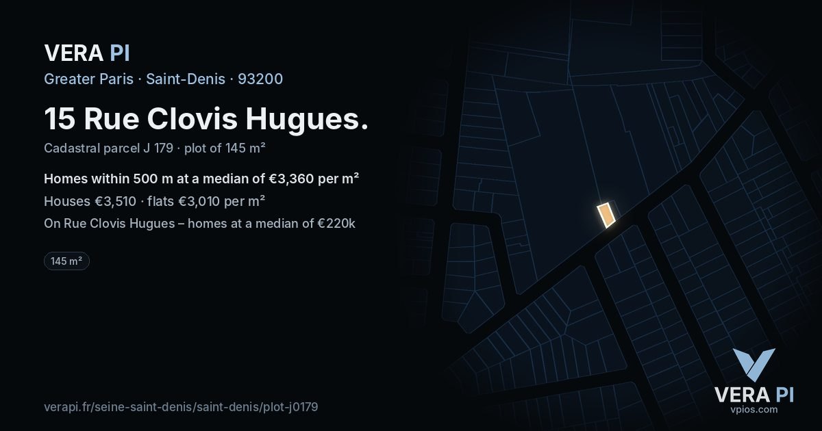 15 Rue Clovis Hugues, Saint-Denis at night – the plot lit, the parcels around coloured by the prices near them